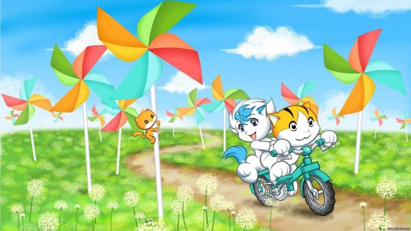 Toys are riding a bicycle through a toy field
