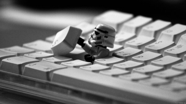 The keyboard of the computer is attacked by a soldier of the Empire