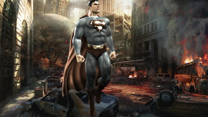 Superman after the battle in the ravaged area