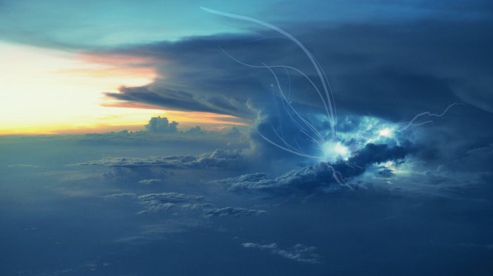 View of a thunderstorm from a modern airplane window