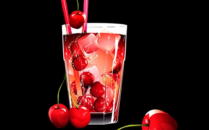 Red cherry drink is in the glass