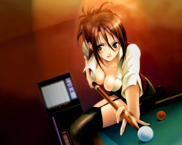 The girl is on the billiards table