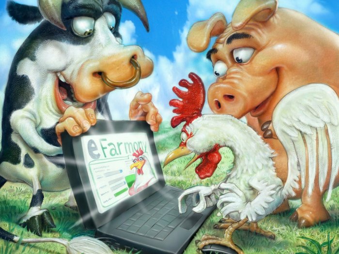 Бык, свинья и петух посетили сайт своей фермы - рисунок знаменитого художника Gary Locke