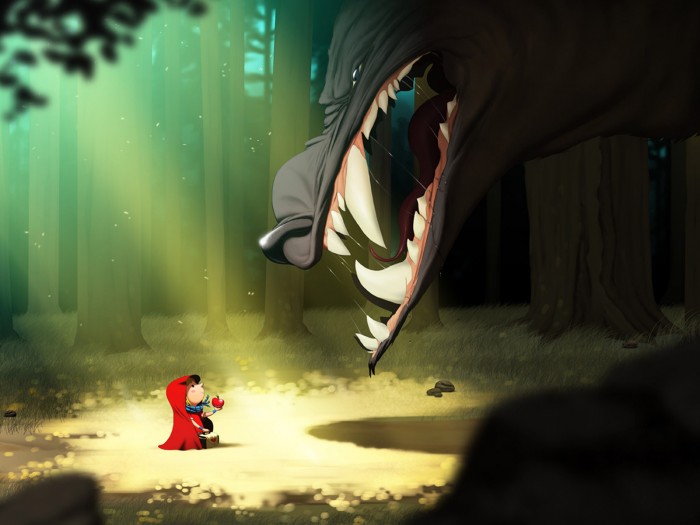 Little Red Riding Hood and Wolf in the forest
