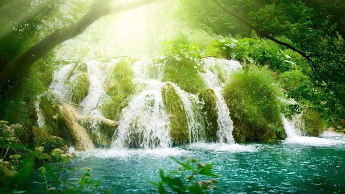 Waterfall in the light-green forest